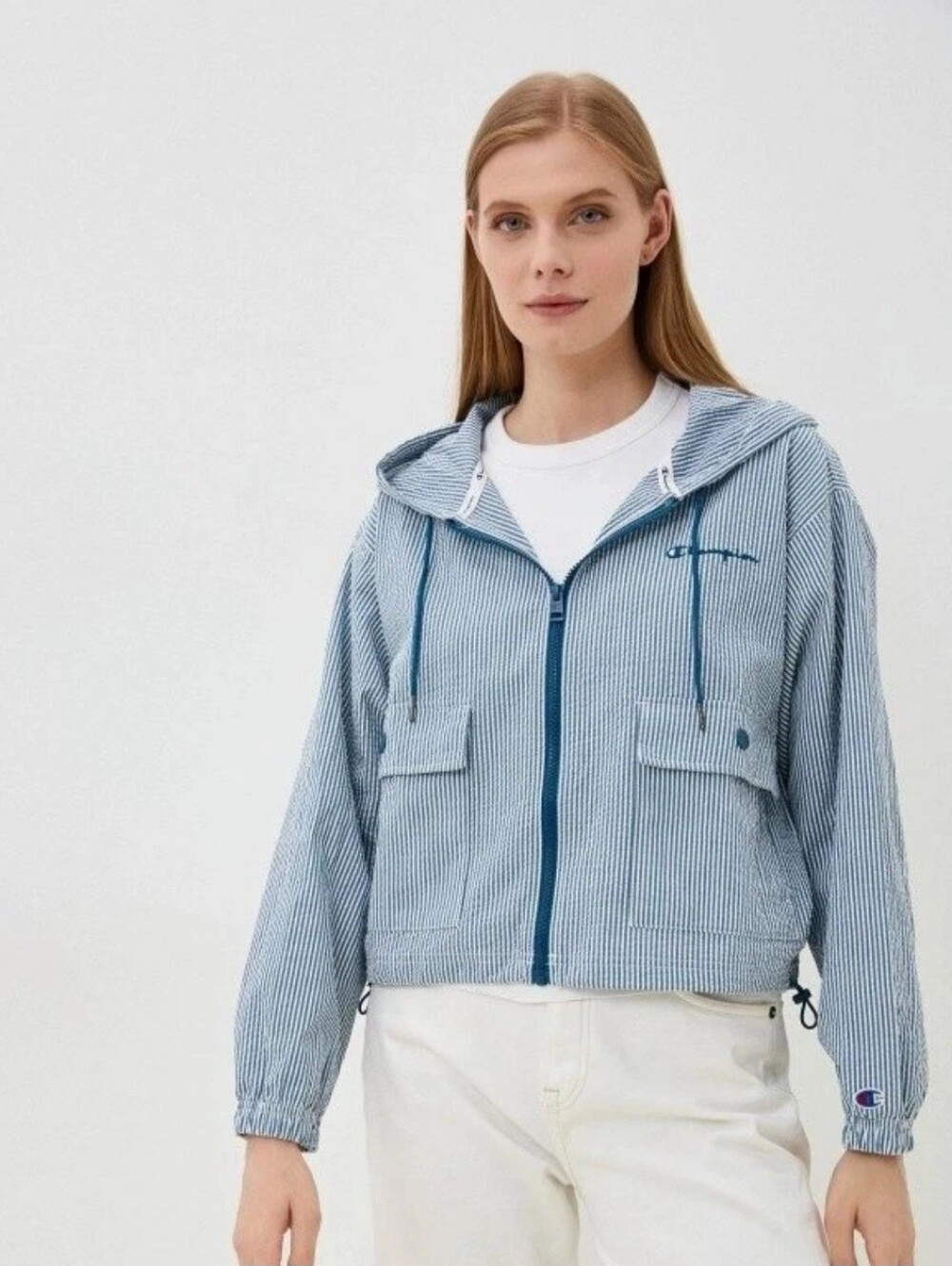 NEW Women's Champion Seersucker Utility Full Zip Jacket Hooded Blue/White M
